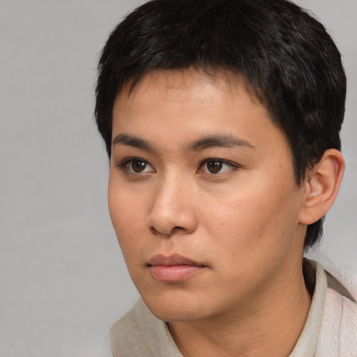 Neutral asian young-adult male with short  black hair and brown eyes