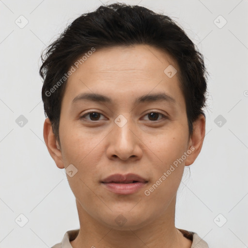 Joyful white young-adult female with short  brown hair and brown eyes