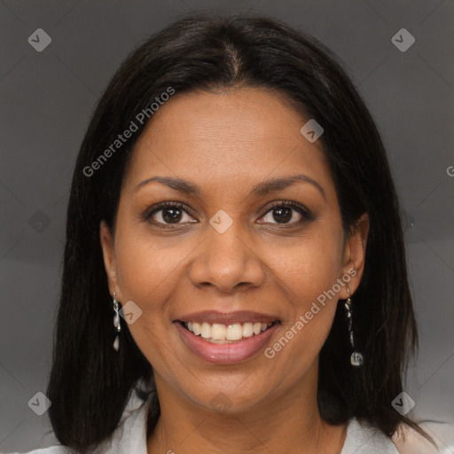 Joyful black young-adult female with medium  brown hair and brown eyes