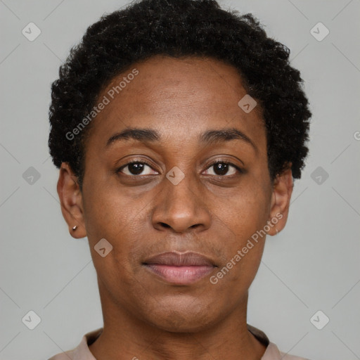 Joyful black adult female with short  brown hair and brown eyes