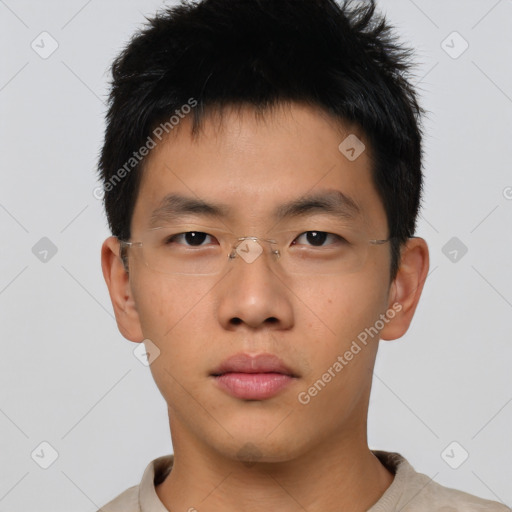 Neutral asian young-adult male with short  brown hair and brown eyes