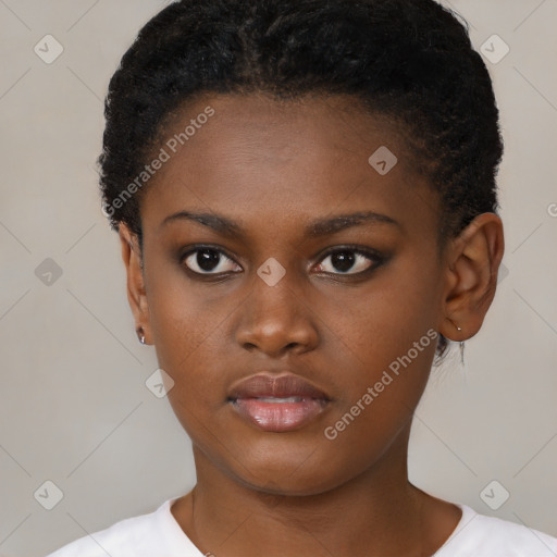 Neutral black young-adult female with short  brown hair and brown eyes