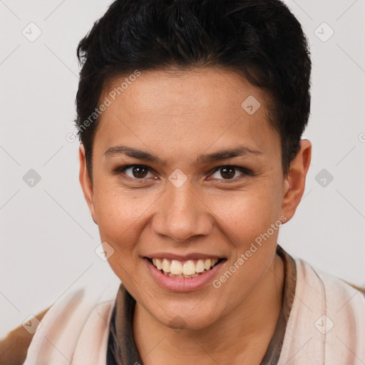 Joyful white young-adult female with short  brown hair and brown eyes