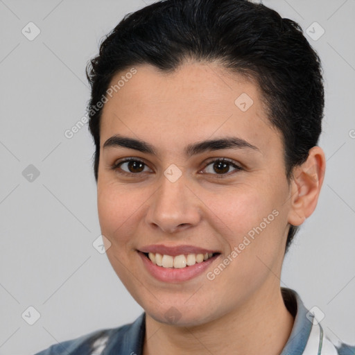 Joyful white young-adult female with medium  brown hair and brown eyes