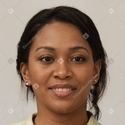 Joyful black young-adult female with medium  brown hair and brown eyes