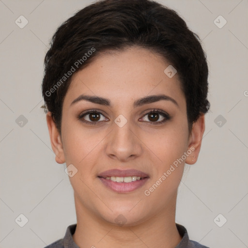 Joyful white young-adult female with short  brown hair and brown eyes