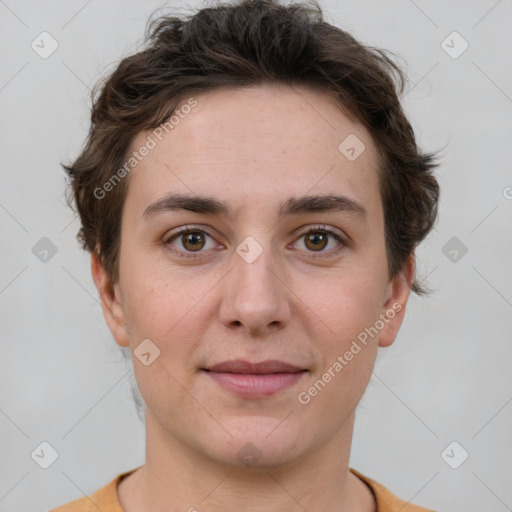 Joyful white young-adult female with short  brown hair and grey eyes