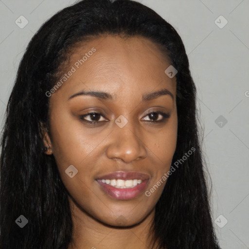 Joyful asian young-adult female with long  brown hair and brown eyes