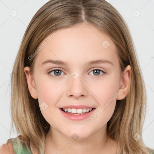 Joyful white child female with medium  brown hair and brown eyes