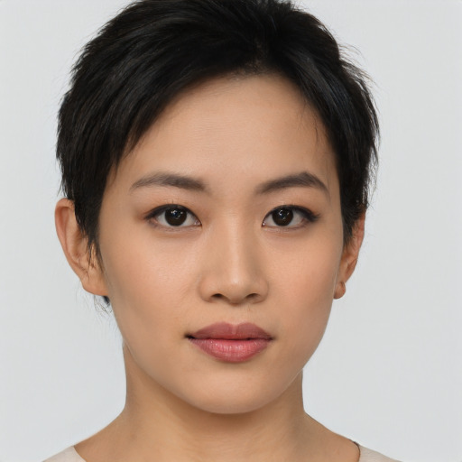 Neutral asian young-adult female with short  brown hair and brown eyes