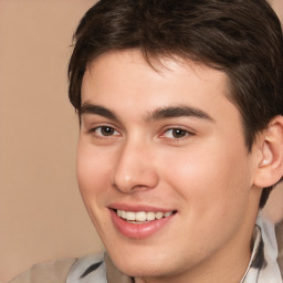 Joyful white young-adult male with medium  brown hair and brown eyes