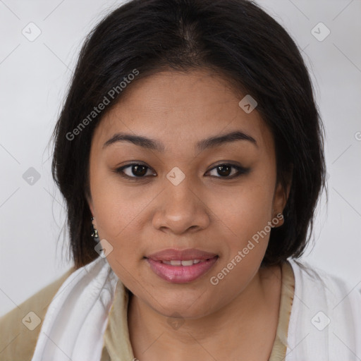 Joyful latino young-adult female with long  brown hair and brown eyes