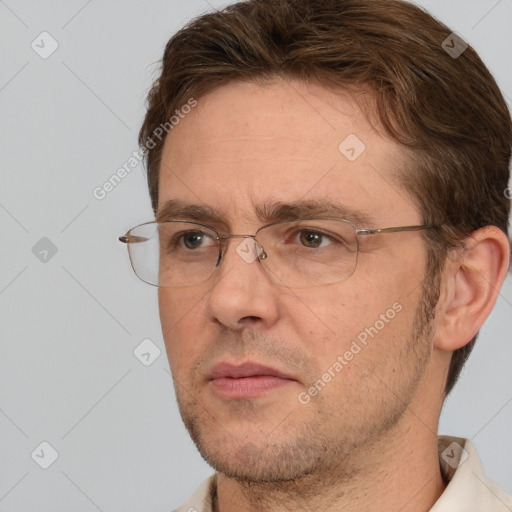 Neutral white adult male with short  brown hair and brown eyes