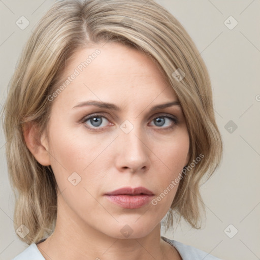 Neutral white young-adult female with medium  brown hair and grey eyes