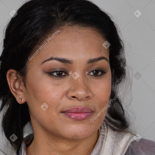 Joyful black young-adult female with medium  brown hair and brown eyes