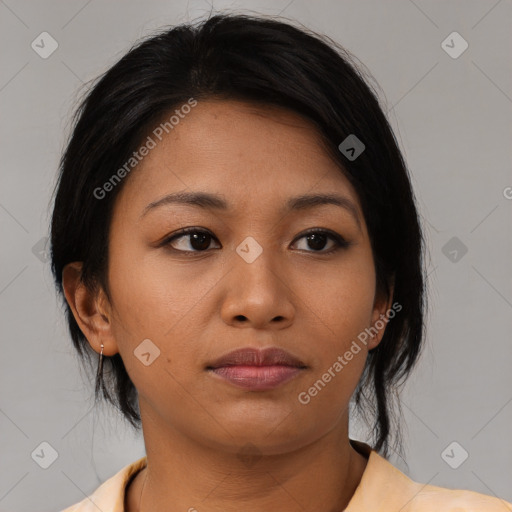 Neutral asian young-adult female with medium  black hair and brown eyes