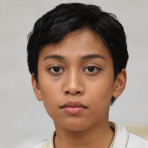 Neutral asian young-adult female with short  black hair and brown eyes