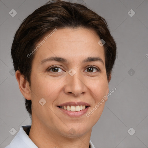 Joyful white adult female with short  brown hair and brown eyes