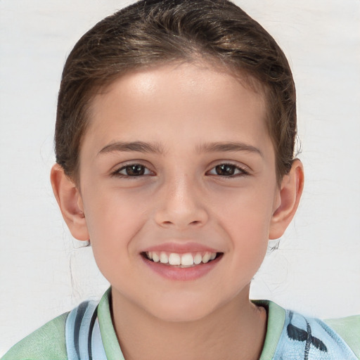 Joyful white child female with short  brown hair and brown eyes