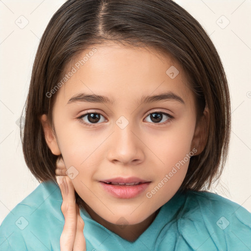 Joyful white child female with medium  brown hair and brown eyes