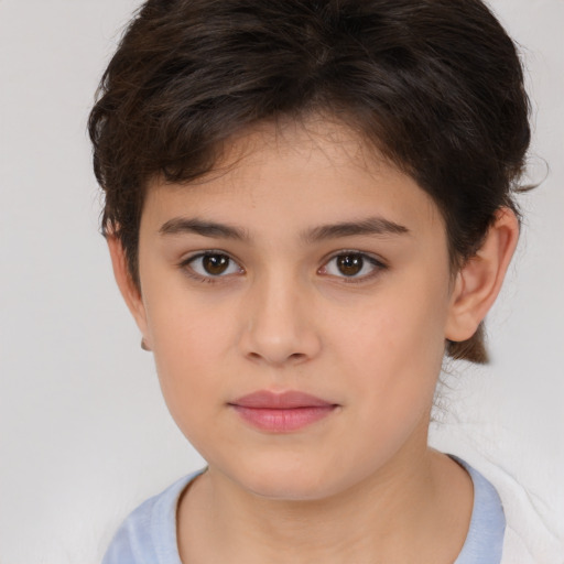 Joyful white child female with medium  brown hair and brown eyes