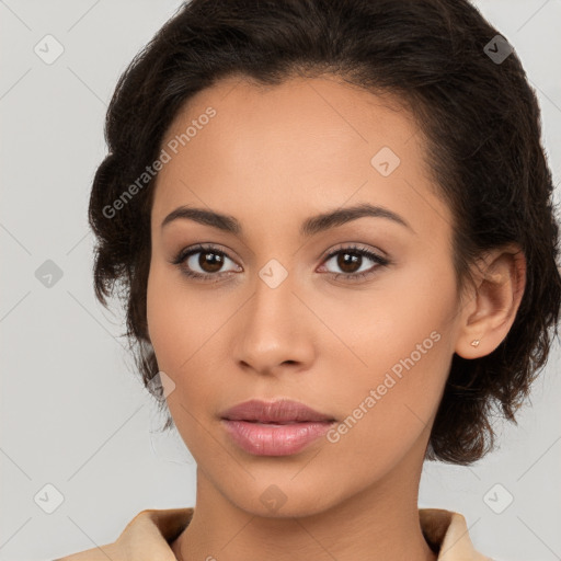 Neutral latino young-adult female with medium  brown hair and brown eyes