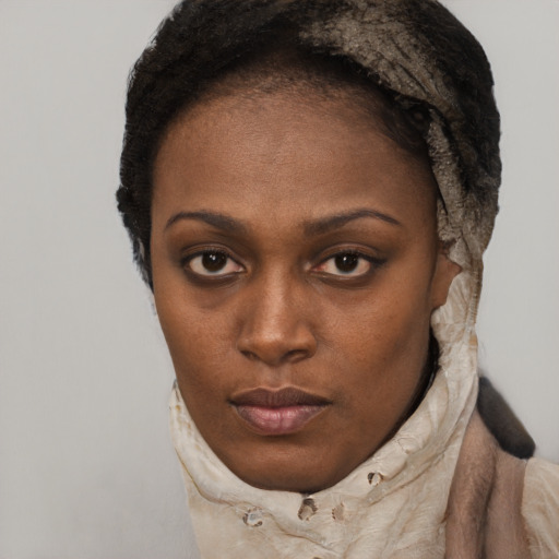 Neutral black young-adult female with short  black hair and brown eyes