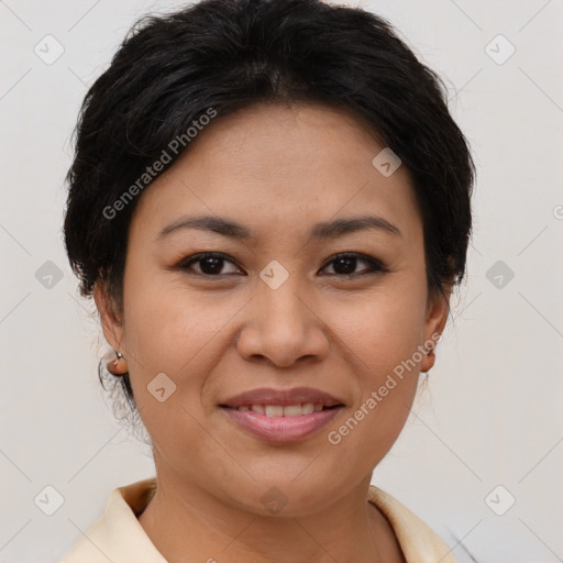 Joyful asian young-adult female with short  brown hair and brown eyes