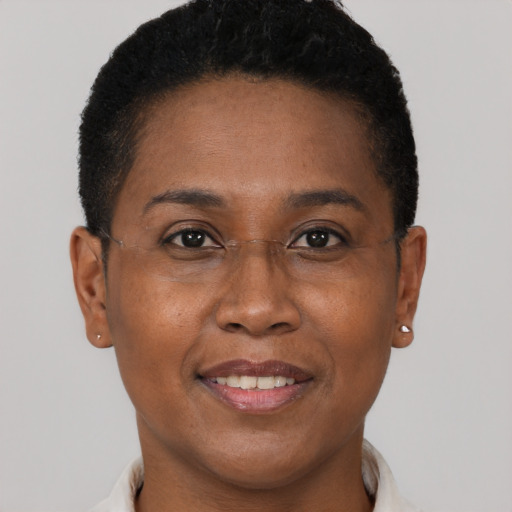 Joyful black adult female with short  brown hair and brown eyes
