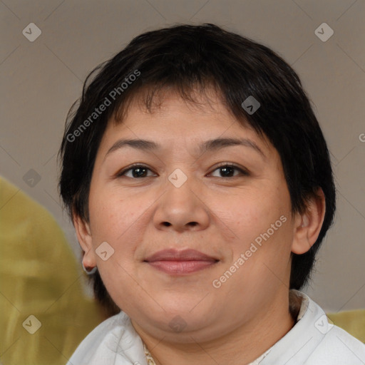 Joyful white adult female with medium  brown hair and brown eyes