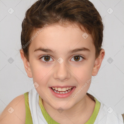 Joyful white child female with short  brown hair and brown eyes