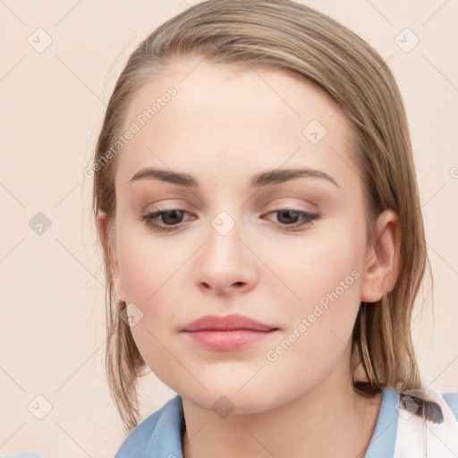 Neutral white young-adult female with medium  brown hair and blue eyes