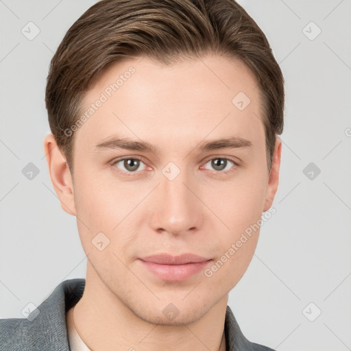 Neutral white young-adult male with short  brown hair and grey eyes