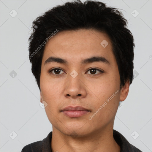 Neutral asian young-adult male with short  black hair and brown eyes