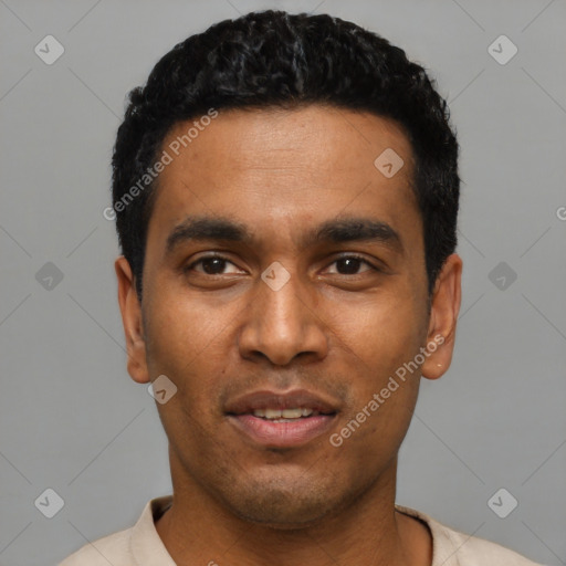 Neutral latino young-adult male with short  black hair and brown eyes