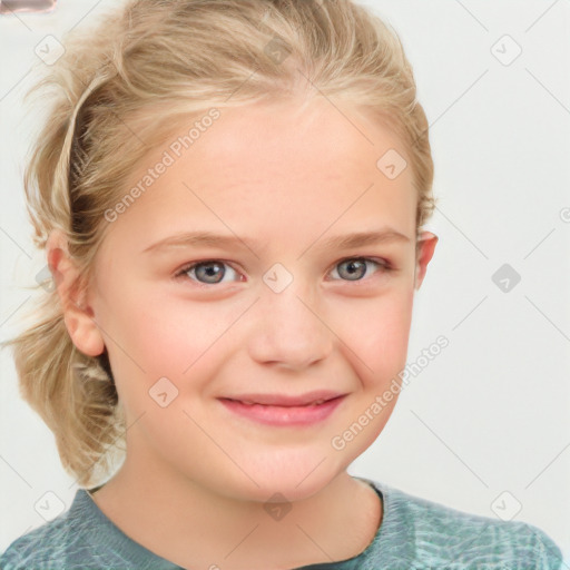 Joyful white child female with medium  brown hair and grey eyes