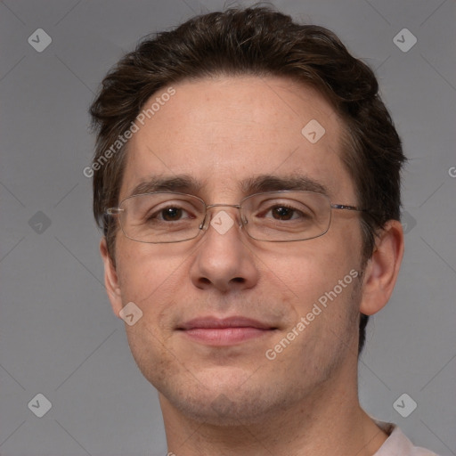 Joyful white adult male with short  brown hair and grey eyes