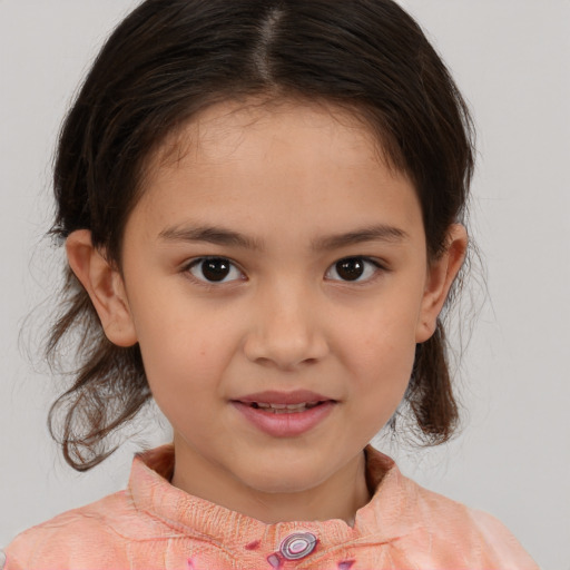 Joyful white child female with medium  brown hair and brown eyes