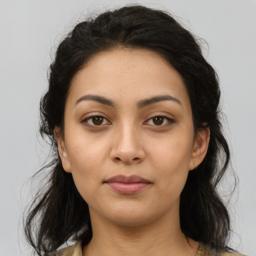Neutral latino young-adult female with medium  black hair and brown eyes