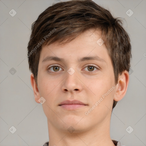 Neutral white young-adult male with short  brown hair and brown eyes