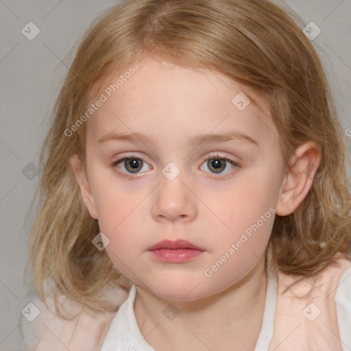 Neutral white child female with medium  brown hair and blue eyes