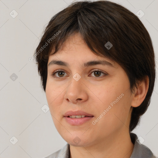 Neutral white young-adult female with medium  brown hair and brown eyes