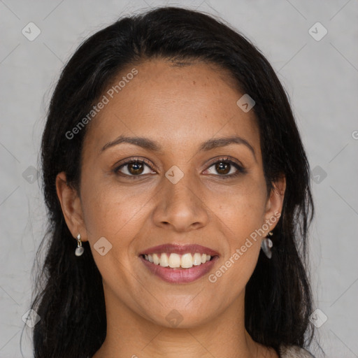 Joyful latino young-adult female with long  brown hair and brown eyes