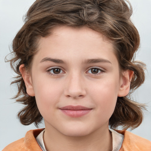 Joyful white child female with medium  brown hair and brown eyes