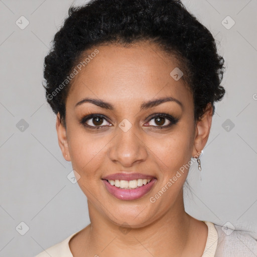 Joyful latino young-adult female with short  black hair and brown eyes