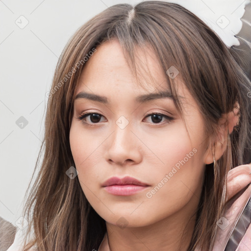 Neutral white young-adult female with medium  brown hair and brown eyes