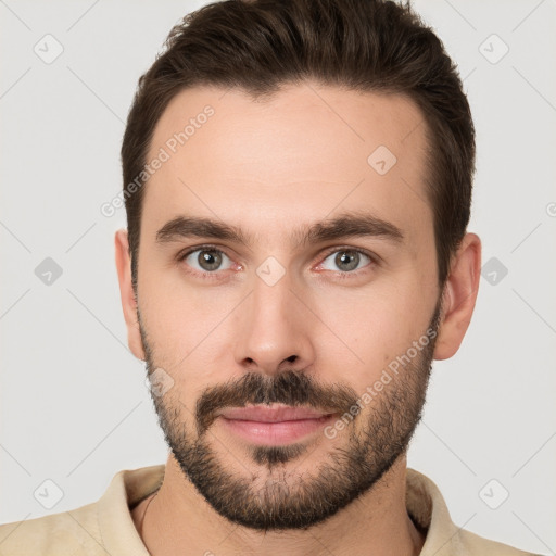 Neutral white young-adult male with short  brown hair and brown eyes