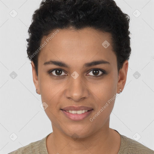 Joyful latino young-adult female with short  brown hair and brown eyes