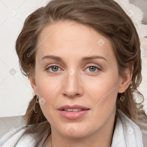 Joyful white young-adult female with medium  brown hair and blue eyes