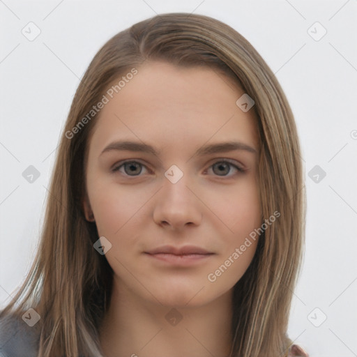 Neutral white young-adult female with long  brown hair and brown eyes